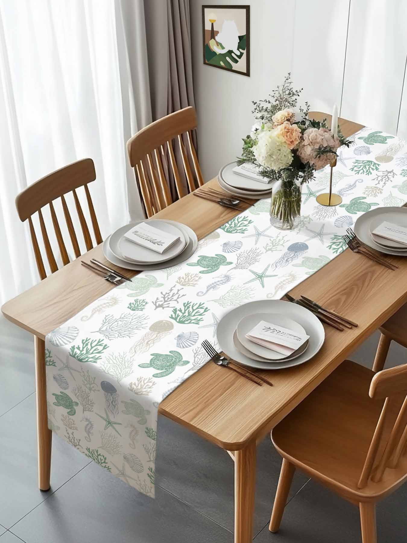 Nautical Coral Sea Turtle Summer Beach Table Runner 90 Inches Long, Coastal Green Gradient Table Runners Tabletop Scarf Kitchen Dining Tables Decoration for Home Party Indoor Outdoor
