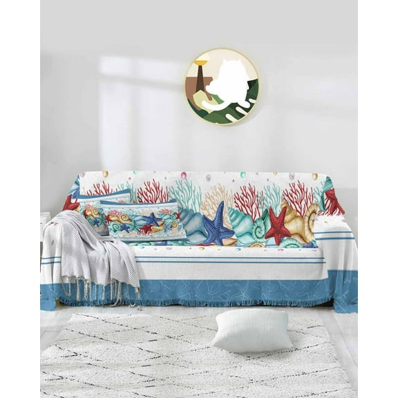 Nautical Coral Sofa Covers for 3 Cushion Couch,Washable Sectional & L Shape Couch Covers for Dogs/Cat/Kid,Coastal Starfish Conch Summer Beach Blue Non Slip Sofa Slipcover Tassel Futon Cover 71x150