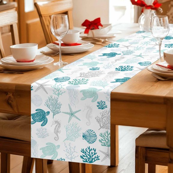 Nautical Coral Teal Sea Turtle Table Runner 36 Inches Long,Kitchen Dining Tablerunners Summer Ocean Beach Shell Linen Table Runners Dresser Scarves for Home Dinner Wedding Holiday Party Decor