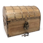 Nautical Cove Antiqued Finished Wood Treasure Chest with Decorative Iron Strips with Lock and Skeleton Keys, Wooden Keepsake Box, Pirate Decor, Storage Chest, Large, 13" x 10" x 10"