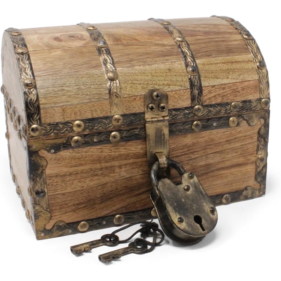 Nautical Cove Antiqued Finished Wood Treasure Chest with Decorative Iron Strips with Lock and Skeleton Keys, Wooden Keepsake Box, Pirate Decor, Storage Chest, Small 8x6x6