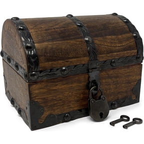Nautical Cove Antiqued Finished Wood Treasure Chest with Decorative Iron Strips with Lock and Skeleton Keys, Wooden Keepsake Box, Pirate Decor, Storage Chest, X-Small 5.5x4x4