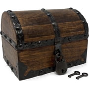 Nautical Cove Antiqued Finished Wood Treasure Chest with Decorative Iron Strips with Lock and Skeleton Keys, Wooden Keepsake Box, Pirate Decor, Storage Chest, X-Small 5.5x4x4