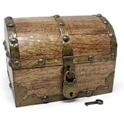Nautical Cove Antiqued Finished Wood Treasure Chest with Decorative Rivets and Reinforcing Iron Strips with Lock and Skeleton Keys Light Antique, X-Small 5.5x4x4