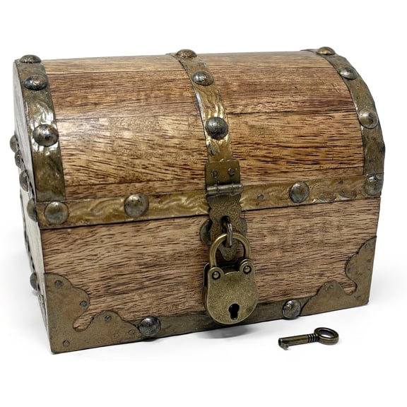 Nautical Cove Antiqued Finished Wood Treasure Chest with Decorative Rivets and Reinforcing Iron Strips with Lock and Skeleton Keys (Light Antique, X-Small 5.5x4x4)