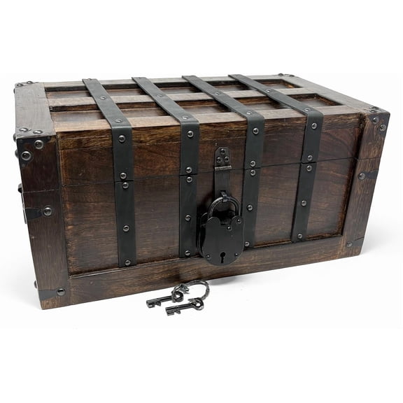 Nautical Cove Deluxe Handmade Rectangular Wooden Treasure Chest – Flat Lid Design with Real Leather Accents, Working Iron Lock & Skeleton Keys, Decorative Storage Box (X-Large - 17 x 10 x 8)