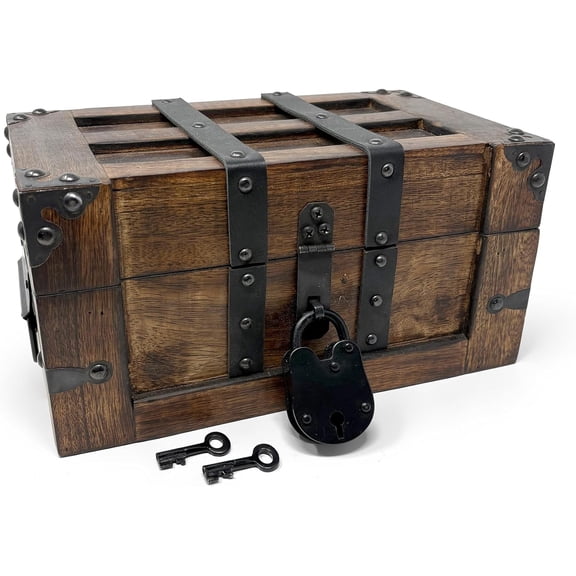 Nautical Cove Deluxe Handmade Rectangular Wooden Treasure Chest – Flat Lid Design with Real Leather Accents, Working Iron Lock & Skeleton Keys, Decorative Storage Box (Medium - 11 x 6.5 X 5.5)