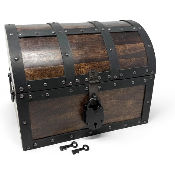 Nautical Cove Handmade Wooden Treasure Chest Storage Box – Deluxe Design with Real Leather Accents, Working Iron Lock & Skeleton Keys, Decorative Keepsake Chest (Large - 12 × 9 × 9")