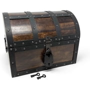 Nautical Cove Handmade Wooden Treasure Chest Storage Box   Deluxe Design with Real Leather Accents, Working Iron Lock & Skeleton Keys, Decorative Keepsake Chest Large - 12   9   9"