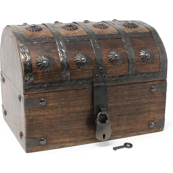 Nautical Cove Keepsake Wooden Treasure Chest with Antique Jewelry Lock and Key, Decorative Box, Pirate Wooden Chest, Wood Box with Lid, Rustic Storage Chest, Large 8" x 6" x 6"