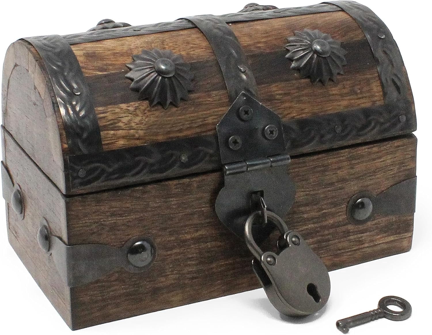 Nautical Cove Wooden Treasure Chest Keepsake Box with Antique Lock and Key – Rustic Pirate Jewelry Storage Box, Decorative Wood Chest with Hinged Lid, Small 5 x 3 x 3.25 Inch