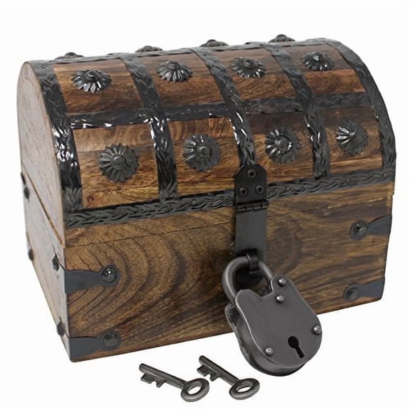 Nautical Cove Pirate Treasure Chest with Iron Lock and Skeleton Key, Storage and Decorative Box, Wooden Storage Chest, Pirate Decor, Decorative Wooden Box, Keepsake Box (Small 8 x 6 x 6)