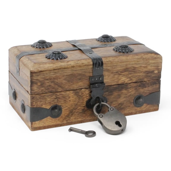 Nautical Cove Treasure Chest Wooden Box with Antique Iron Lock and Skeleton Key, Storage and Decor, Pirate Keepsake Chest, Decorative Storage Box with Hinged Lid, X-Small, 5" x 3" x 2"