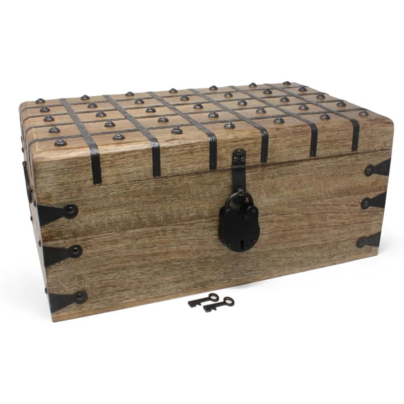 Nautical Cove Treasure Chest Wooden Box with Antique Iron Lock and Skeleton Key (XX-Large 20x11.75x9) - Storage and Decor – Pirate Wooden Treasure Chest, Decorative Box with Hinged Lid,
