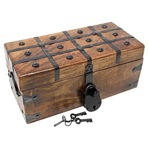 Nautical Cove Treasure Chest Wooden Box with Antique Iron Lock and Skeleton Key - Storage and Decor (Medium 12.25 x 6 x 5.5")