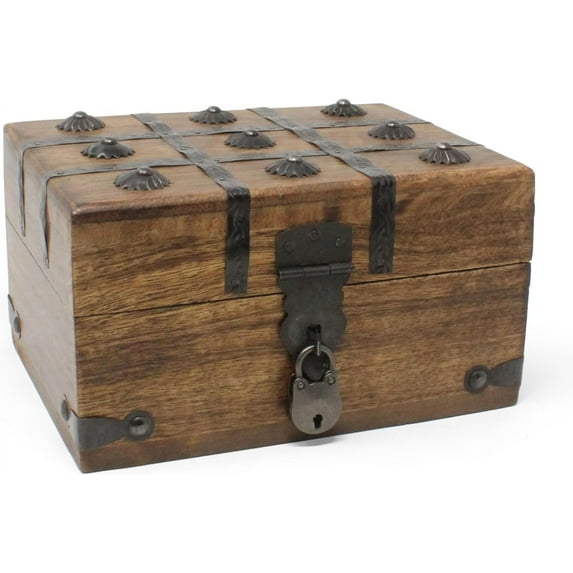 Nautical Cove Treasure Chest Wooden Box with Antique Iron Lock and Skeleton Key - Storage and Decor (Medium 12.5 x 6 x 5.5)