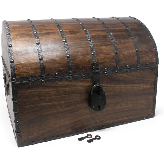 Nautical Cove Wooden Treasure Chest with Decorative Iron Strips with Iron Lock and Skeleton Keys, Keepsake Lock Box, Pirate Decor Chest, Antique Style, X-Large 16x12x12