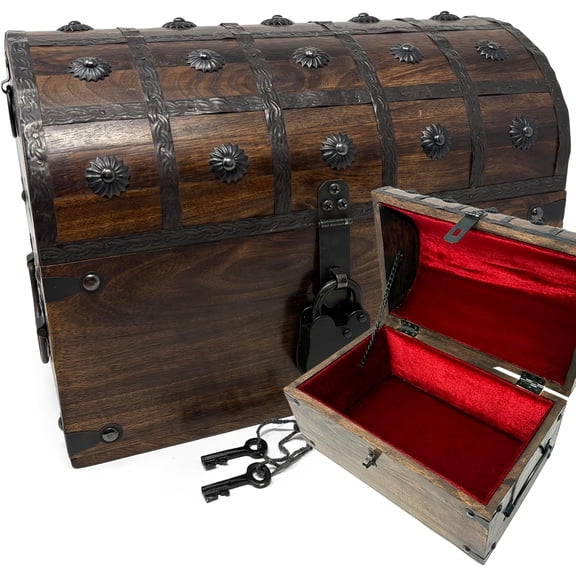 Nautical Cove Wooden Treasure Chest with Padded Velvet Lining and Antique Lock with Skeleton Keys (Large 13x8x8.75) – Luxury Wood Pirate Chest, Decorative Box with Lid, Wooden Lock Box, Pirate
