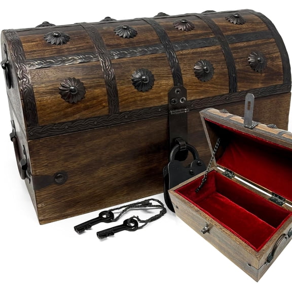 Nautical Cove Wooden Treasure Chest with Padded Velvet Lining and Antique Lock with Skeleton Keys (Medium 11x6x6.5) – Luxury Wood Pirate Chest, Decorative Wooden Keepsake Box