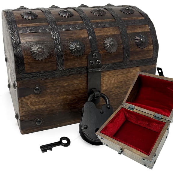 Nautical Cove Wooden Treasure Chest with Padded Velvet Lining and Antique Lock with Skeleton Keys (Small 8x6x6) – Luxury Wood Pirate Chest, Wooden Keepsake Box, Decorative Box with Lid