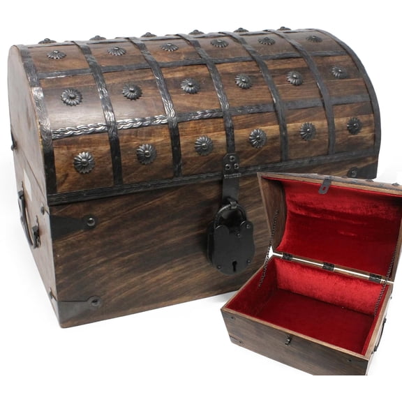 Nautical Cove Wooden Treasure Chest with Padded Velvet Lining and Antique Lock with Skeleton Keys (X-Large 16x11x11) Pirate Treasure Box, Decorative Box with Hinged Lid, Rustic Lockable Wooden Chest