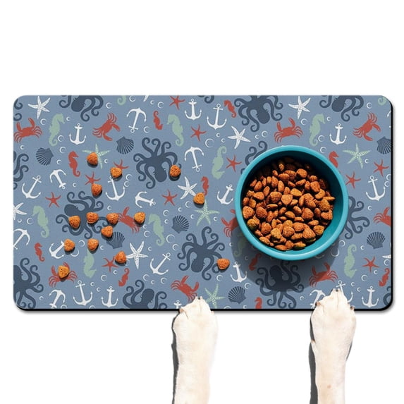Nautical Crab Dog Food Mat – Vintage Cute Cartoon Watercolor Black White Colorful Tropical Sea Life Ocean Marine Beach Pet Feeding Mat 17x30, Non-Slip Absorbent Quick Dry Waterproof Easy Clean