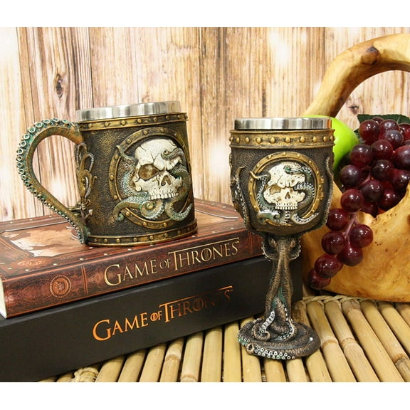 Nautical Cthulhu Octopus Wrecking Skull In Porthole Wine Goblet And Coffee Mug