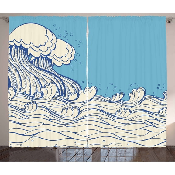 Ambesonne Nautical Curtains 2 Panel Set, Abstract Doodle Wave, 108" x 63", Cream Blue