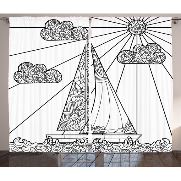 Ambesonne Nautical Curtains 2 Panel Set, Doodle Boat on Waves, 108" x 84", Black White