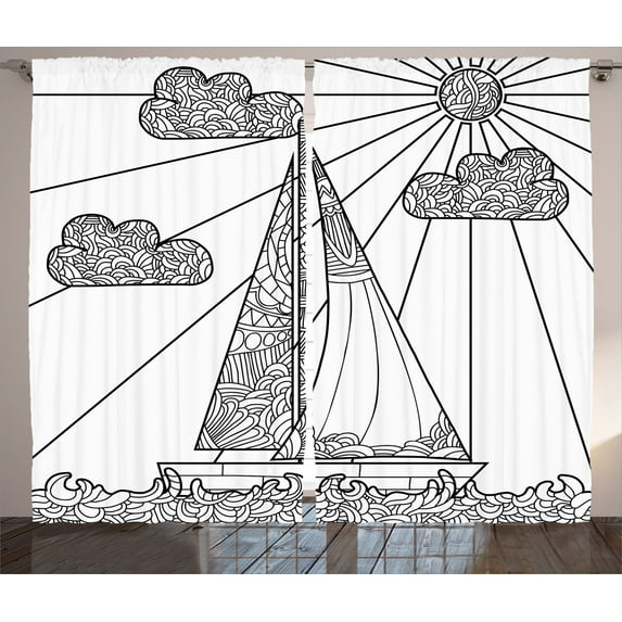 Ambesonne Nautical Curtains 2 Panel Set, Doodle Boat on Waves, 108" x 90", Black White