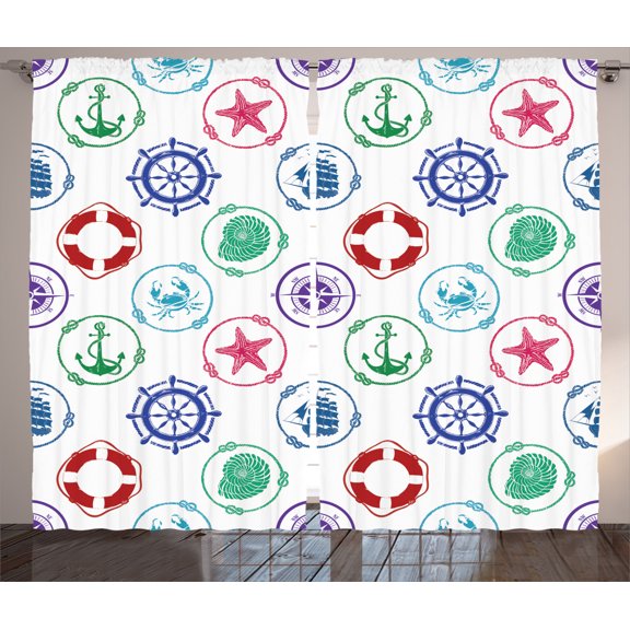 Ambesonne Nautical Curtains 2 Panel Set, Wheel Compass Anchor, 108" x 84", Green Red