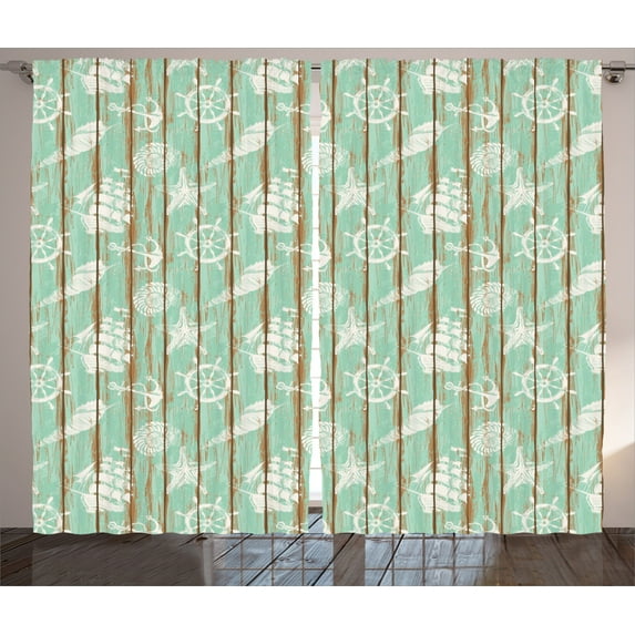 Ambesonne Nautical Curtains 2 Panel Set, Mint Seashell Sailing, 108" x 84", Mint Green