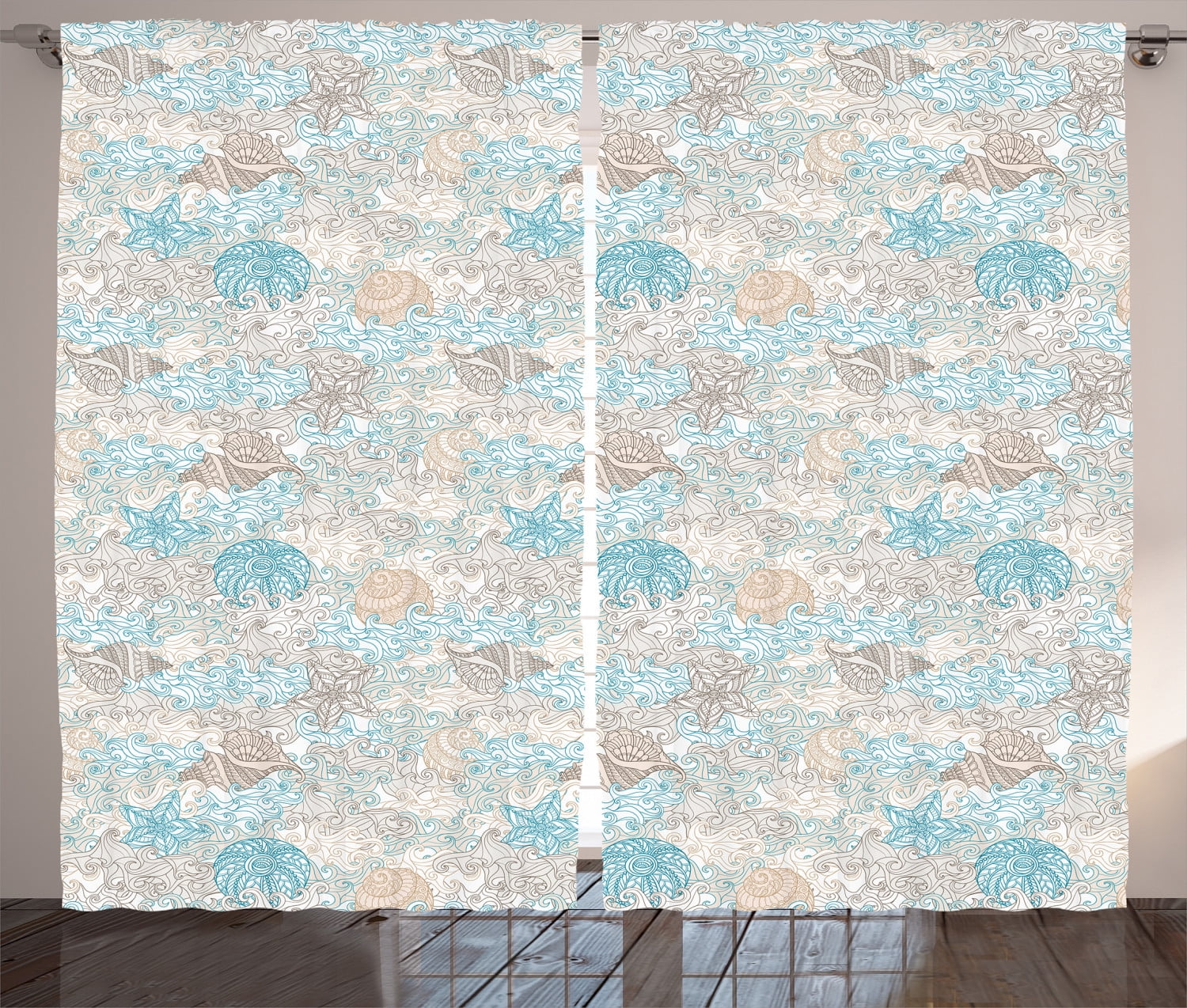White and Turquoise Nautical Polyester Blackout Curtain Panels