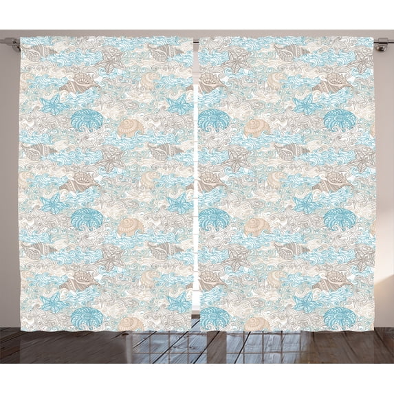 Ambesonne Nautical Curtains 2 Panel Set, Pastel Toned Seashells, 108" x 96", Tan Turquoise White