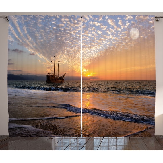 Ambesonne Colorful Curtains 2 Panel Set, Pirate Ship in Waves, 108" x 63", Multicolor