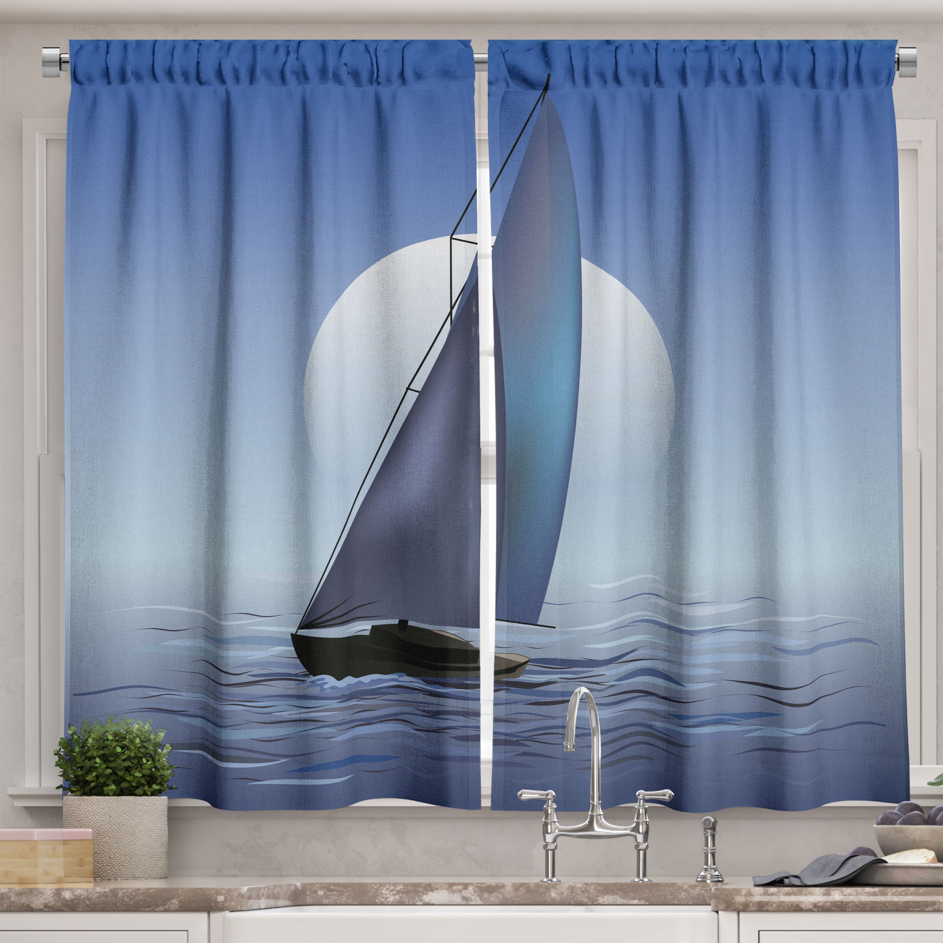 Nautical Curtains 2 Panels Set, Sailing Boat in Moonrise Dramatic Sky