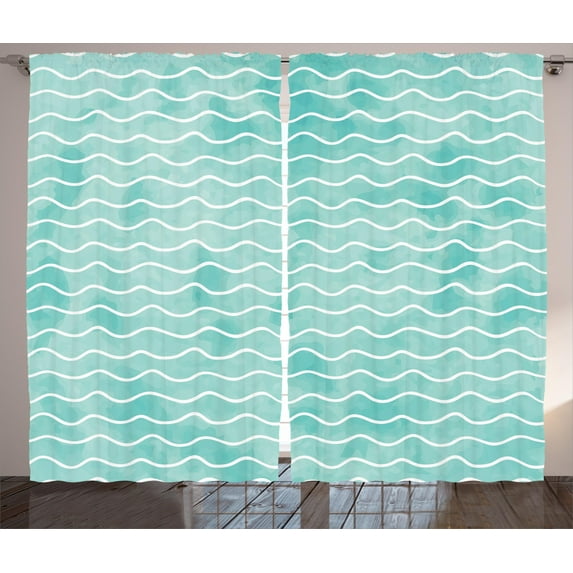 Ambesonne Nautical Curtains 2 Panel Set, Ocean Sea Wave Pattern, 108" x 84", Turquoise White