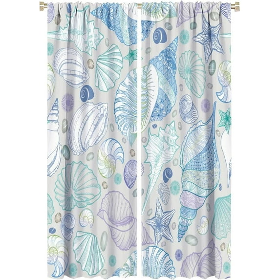 Nautical Curtains, Ocean Shell Starfish Oyster Mollusk Pattern Lightweight Decorative with Rod Pocket, Kids Boys Girls Bedroom Living Room Curtains, 2 Panels, 42x63 Inch Mint Blue