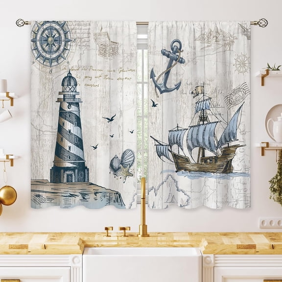 Nautical Curtains Vintage Lighthouse Sailboat Anchor Compass Ocean Theme Window Drapes for Kitchen Bathroom Living Room Home Decoration