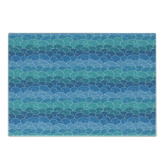 Nautical Cutting Board, Abstract Waves Cartoon Sea Shipping Transport Ornament Nature Waterscape, Decorative Tempered Glass Cutting and Serving Board, Small Size, Blue Teal Turquoise, by Ambesonne