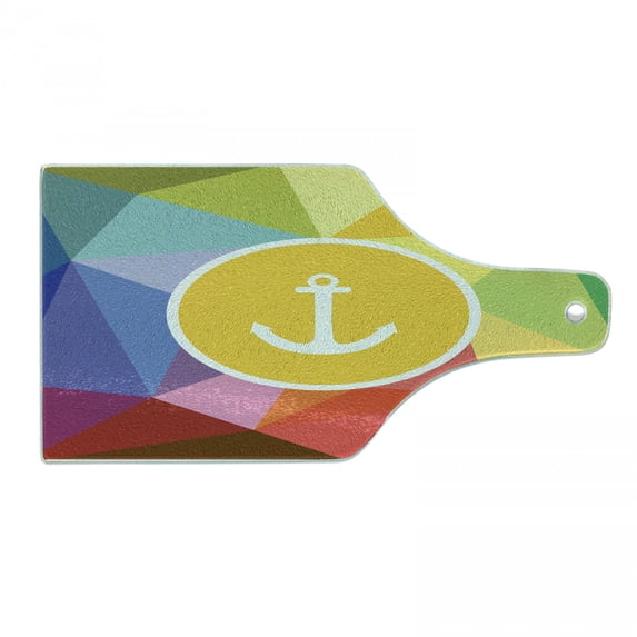 Nautical Cutting Board, Anchor Holiday Sailor Summertime Geometric Pattern Background Illustration, Decorative Tempered Glass Cutting and Serving Board, Wine Bottle Shape, Multicolor, by Ambesonne