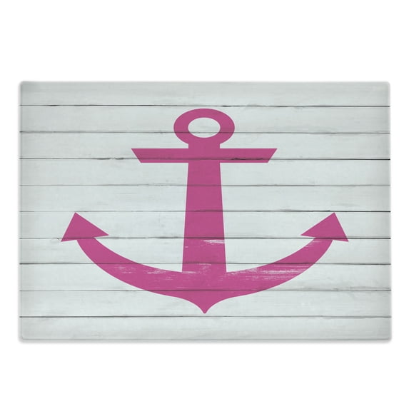 Nautical Cutting Board, Anchor Motif Antiqued Rustic Striped Wooden Planks Sea Lover Ocean Theme, Decorative Tempered Glass Cutting and Serving Board, Large Size, Pink and Off White, by Ambesonne