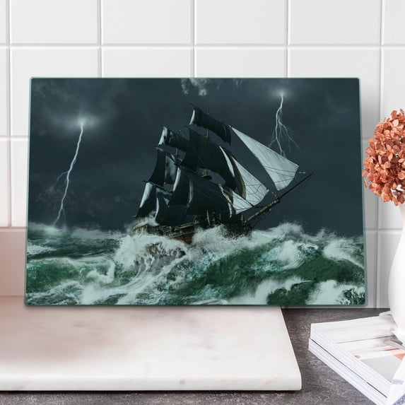 Nautical Cutting Board, Big Ship on Wavy Ocean in a Stormy Weather with Thunderbolts Pirate Sails, Decorative Tempered Glass Cutting and Serving Board, in 3 Sizes, by Ambesonne