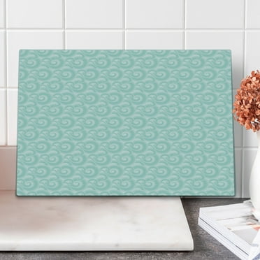 Nautical Cutting Board, Curls Swirls Waves Illustration of Sky with Abstract Clouds Japanese Style, Decorative Tempered Glass Cutting and Serving Board, Large Size, Turquoise White, by Ambesonne
