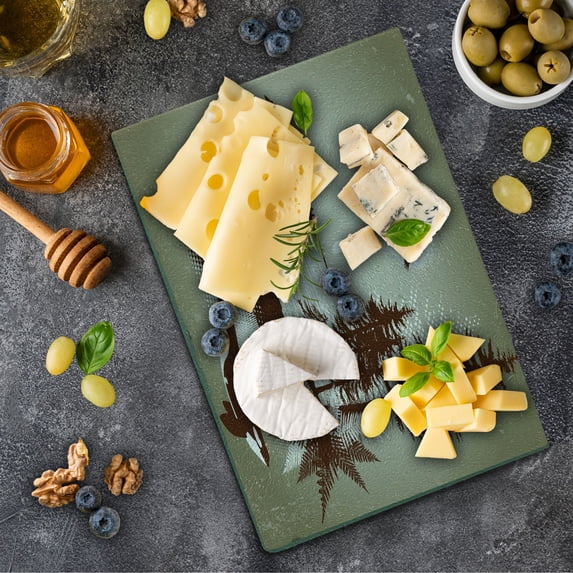 Nautical Cutting Board, Detailed Complex West Coast Scenery Graffiti Style Nature Inspired Art, Decorative Tempered Glass Cutting and Serving Board, Small Size, Green Brown Sage Green, by Ambesonne