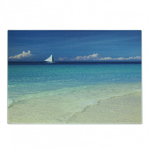 Nautical Cutting Board, Exotic Tropic Beach in Philippines Island Horizon Summer Paradise Concept, Decorative Tempered Glass Cutting and Serving Board, Small Size, Turquoise Cream, by Ambesonne