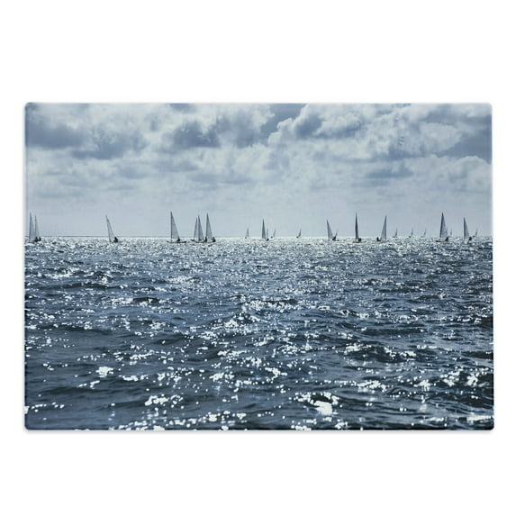 Nautical Cutting Board, Group of Sailing Boats in the Sea Competition Game Racing Sports Mediterranean Landscape, Decorative Tempered Glass Cutting and Serving Board, Large Size, Blue, by Ambesonne