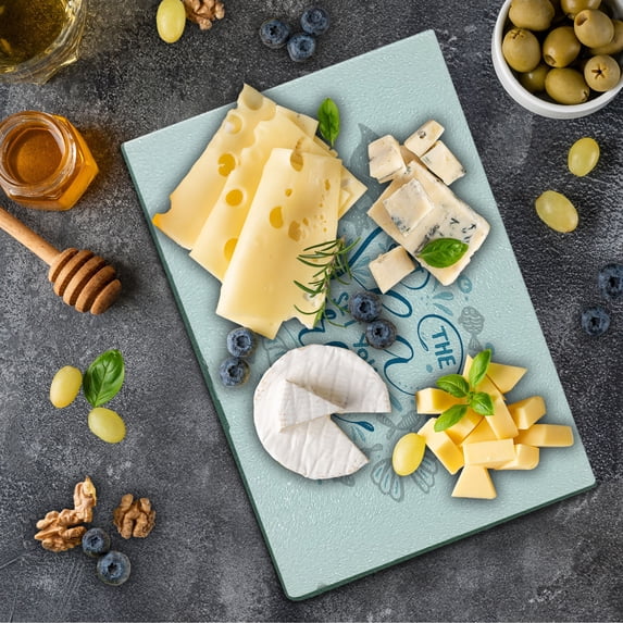 Nautical Cutting Board, Let the Sea Set You Free Words Shellfish Turtle and Stingray, Decorative Tempered Glass Cutting and Serving Board, Small Size, Pale Blue Navy Blue, by Ambesonne