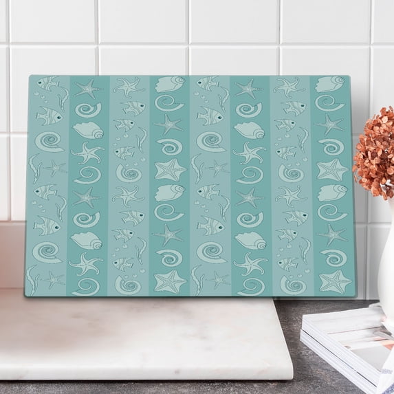Nautical Cutting Board, Marine Theme Sea Animals Fishes Shells on Striped Blue Background, Decorative Tempered Glass Cutting and Serving Board, Large Size, Baby Blue, by Ambesonne