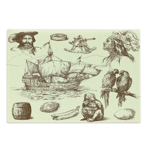 Nautical Cutting Board, Merchant Ship Banana Monkey Parrot Boat Historical Sketch Style Art, Decorative Tempered Glass Cutting and Serving Board, Large Size, Pale Yellow Brown, by Ambesonne